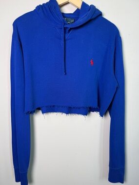 Polo Ralph Lauren Cropped Hoodie DIY Cut Raw Hem Pony Logo Royal Blue Sz L